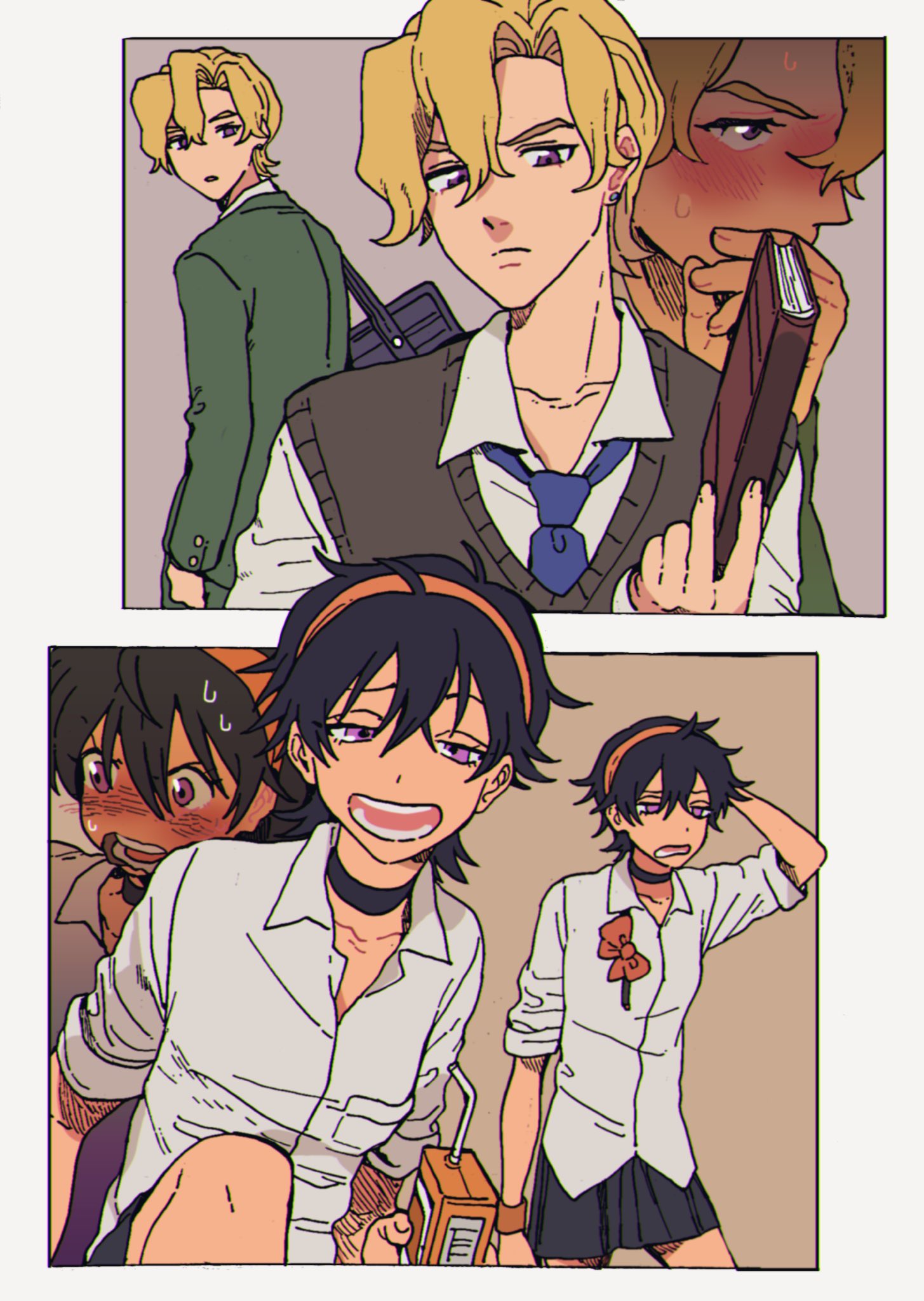 1boy, 1girl, :d, alternate_costume, arm_behind_head, arm_up, bag, bangs