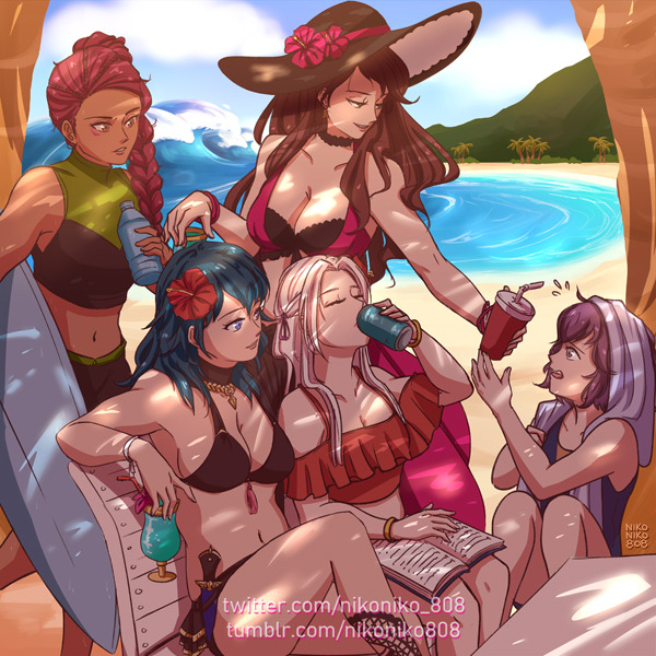 5girls, beach, beach_chair, bernadetta_von_varley, bikini, bikini_shorts, bikini_skirt, blue_hair, book, bottle, brown_hair, byleth_(fire_emblem), byleth_eisner_(female), closed_eyes, cute, dagger, day, dorothea_arnault, drinking, drinking_glass, drinking_straw, edelgard_von_hresvelg, fire_emblem, fire_emblem:_three_houses, fire_emblem_heroes, flower, flower_hair_ornament, hair_ornament, hair_ribbon, hibiscus, intelligent_systems, loli, navel, nikoniko808, nintendo, ocean, ocean_waves, one-piece_swimsuit, outdoors, palm_tree, petra_macneary, purple_hair, soda, summer, sun_hat, super_smash_bros., surfboard, swimsuit, table, teenager, towel, tumblr_username, twitter_username, water, waves, web_address, white_hair