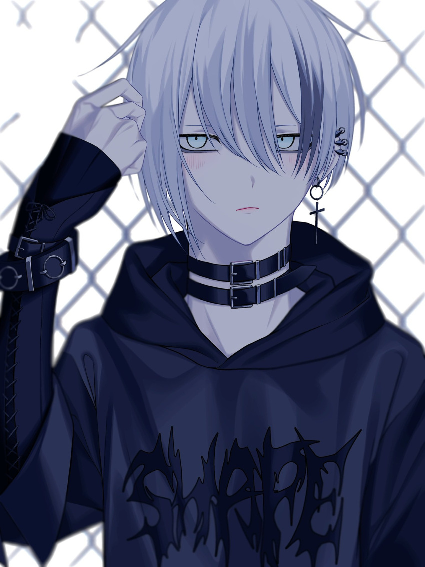 1boy, alare32446233, antenna_hair, bags_under_eyes, bangs, belt_collar, bishounen, blush
