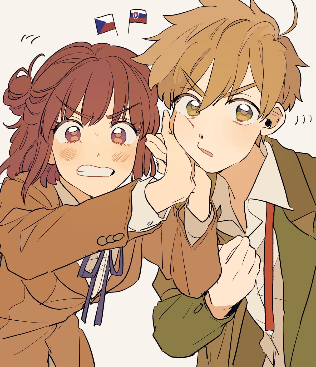 1boy, 1girl, ahoge, axis_powers_hetalia, blue_bow, blue_ribbon, bow, breasts, brown_hair, brown_suit, cheek_bulge, clenched_teeth, czech_flag, czech_republic_(hetalia), eyelashes, formal, green_eyes, half_updo, highres, looking_at_viewer, medium_breasts, necktie, ninonuko, pushing_away, pushing_face, red_necktie, ribbon, slovak_flag, slovakia_(hetalia), suit, teeth, violet_eyes