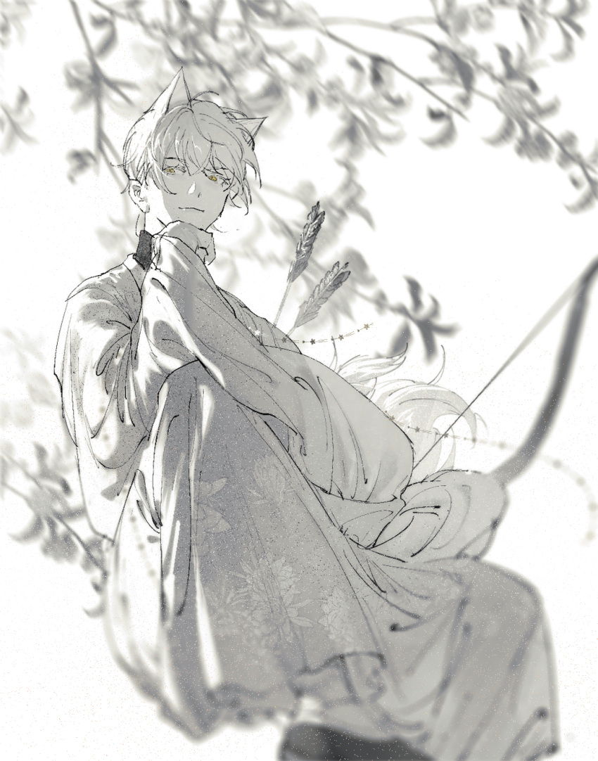 1boy, animal_ears, arrow_(projectile), bangs, beads, blurry, bow_(weapon), branch