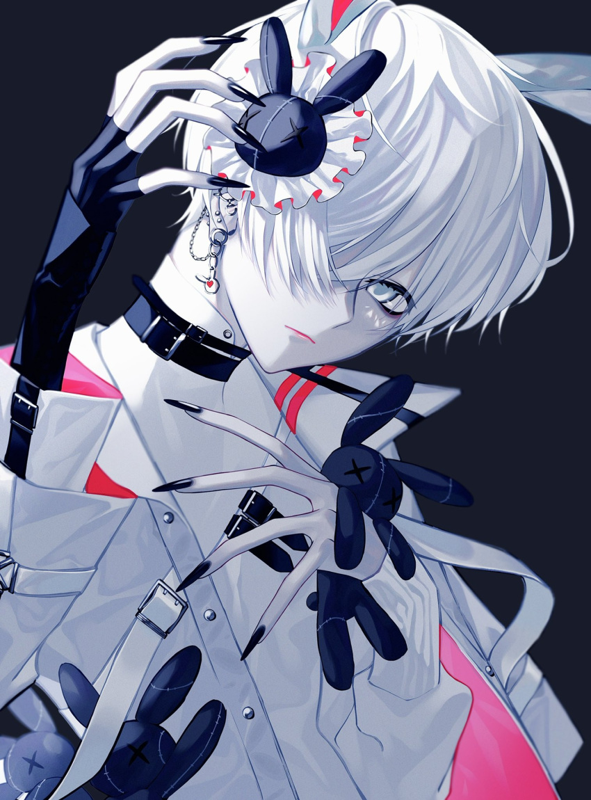 1boy, alare32446233, arm_up, bags_under_eyes, bangs, belt_collar, bishounen, black_nails