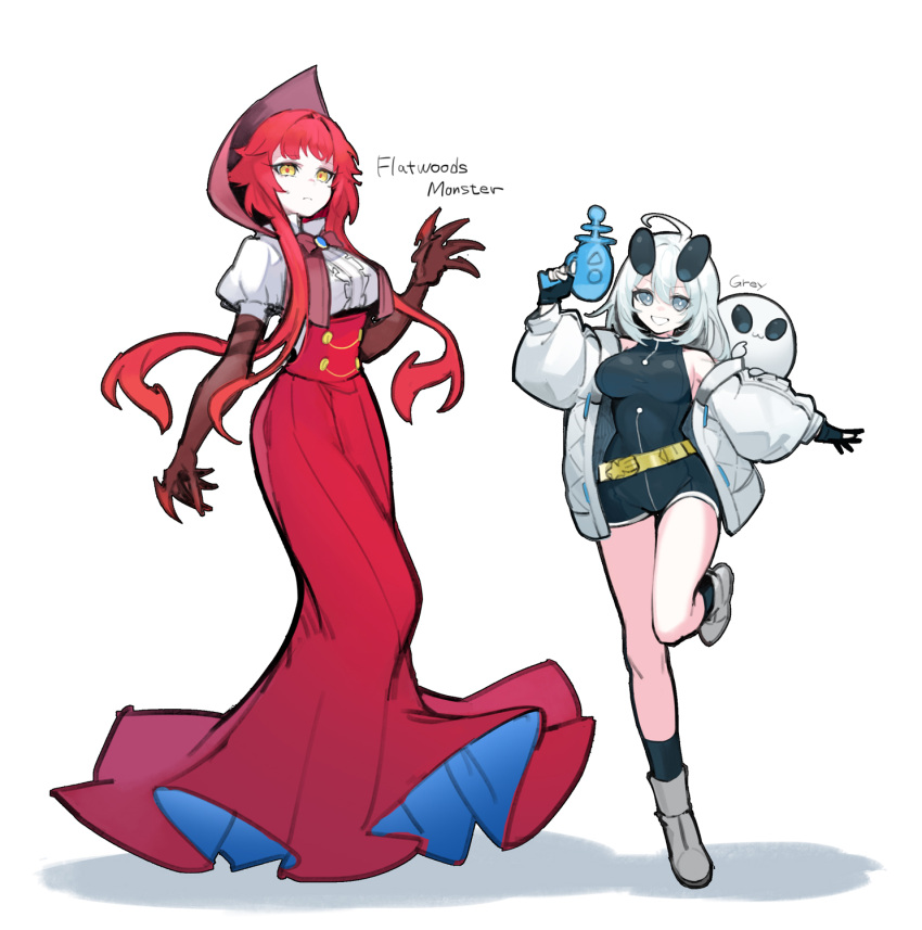 2girls, :d, ahoge, alien, bangs, baniran_dorosu, bonnet, boots