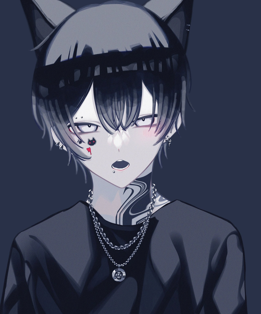 1boy, alare32446233, bangs, bishounen, black_hair, black_shirt, blunt_bangs, blush, cat_boy, ear_piercing, eyebrow_piercing, highres, jewelry, light_blush, looking_at_viewer, male_focus, mouth_piercing, necklace, no_eyebrows, original, piercing, shirt, short_hair, solo, sticker_on_face, t-shirt, tattoo, white_eyes