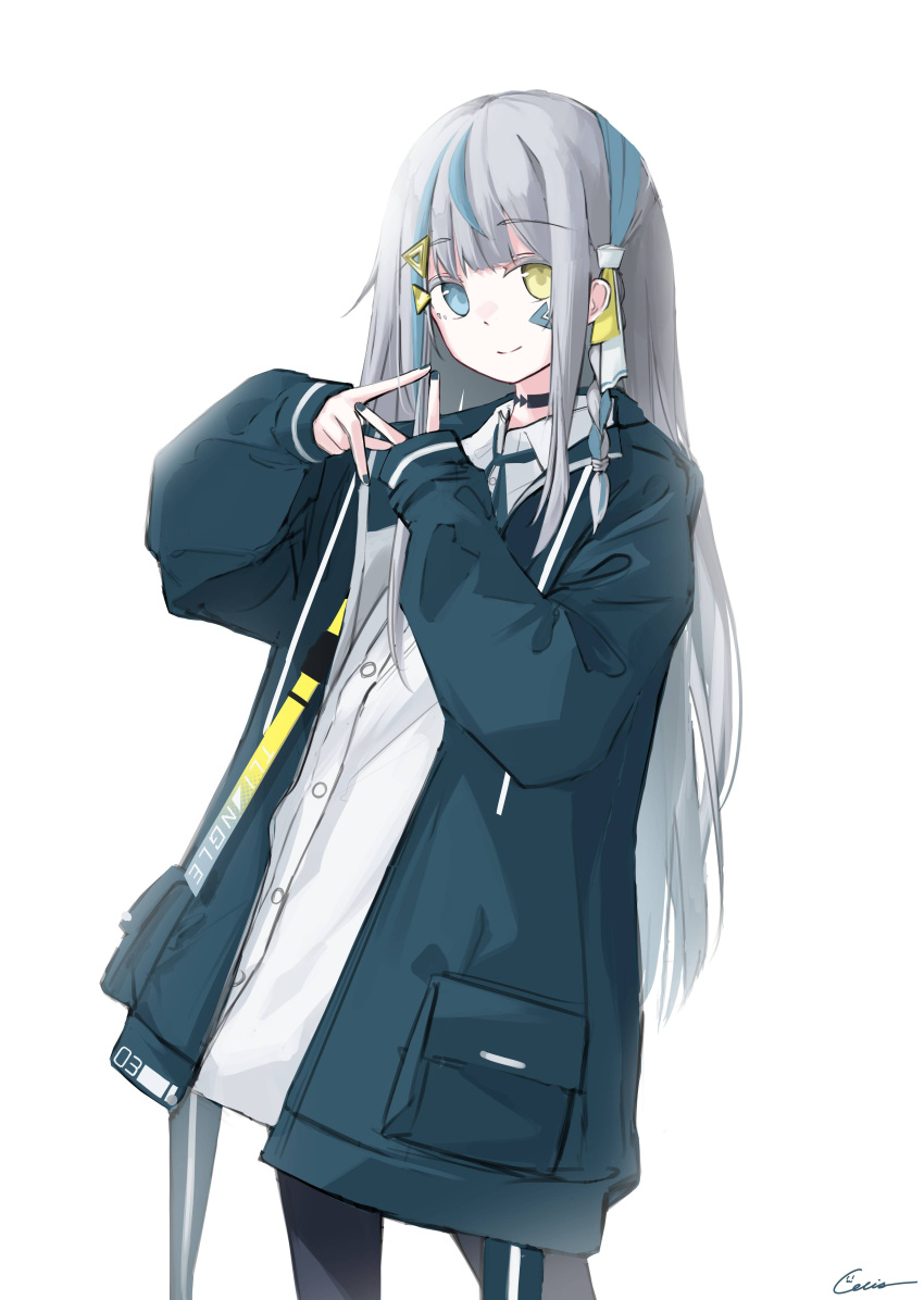 1girl, absurdres, bangs, blue_eyes, blue_hair, celia_1315, collared_shirt, double_v, facial_mark, grey_hair, hair_ornament, hairband, hairclip, hands_up, heterochromia, highres, jacket, long_hair, long_sleeves, looking_at_viewer, multicolored_hair, nail_polish, neck_ribbon, original, oversized_clothes, pantyhose, ribbon, shirt, smile, solo, streaked_hair, two-tone_hair, v, yellow_eyes