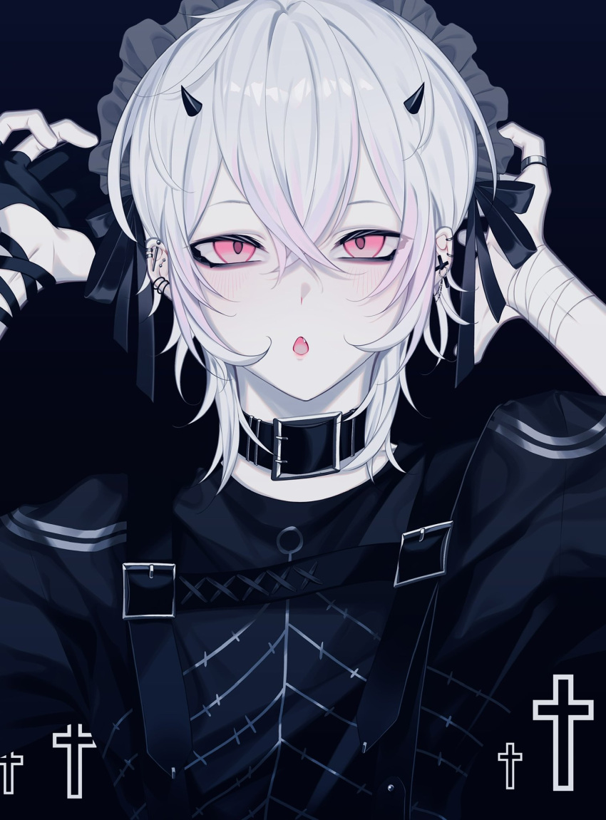 1boy, :o, alare32446233, arms_up, bandages, bangs, belt_collar, bishounen, black_horns, black_ribbon, blush, collar, cross_print, crossed_bangs, fingerless_gloves, frilled_hairband, frills, gloves, hairband, highres, horns, jewelry, long_sleeves, looking_at_viewer, male_focus, multicolored_hair, o-ring, open_mouth, original, pale_skin, pink_hair, red_eyes, ribbon, ring, short_hair, single_horn, solo, streaked_hair, upper_body, white_hair