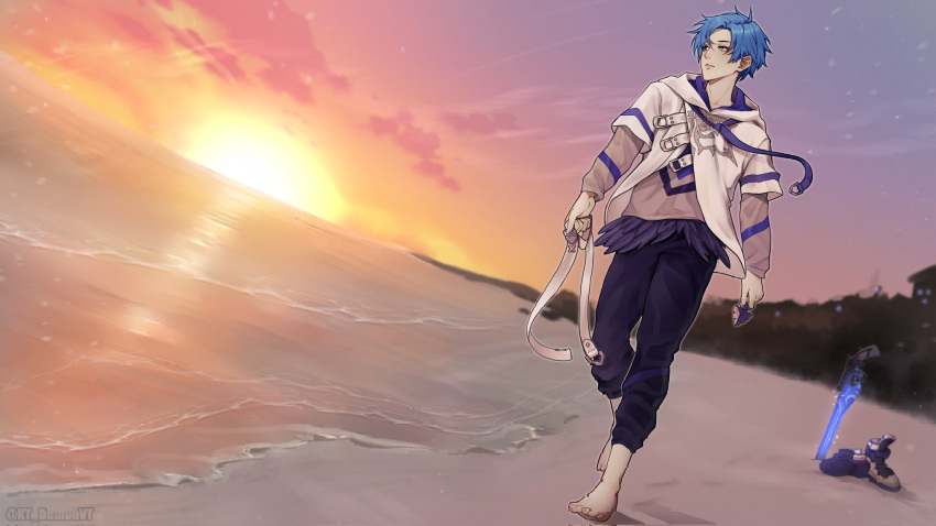 1boy, barefoot, beach, belt, black_pants, blue_hair, blue_necktie, boots, boots_removed, commentary, curtained_hair, dutch_angle, english_commentary, feather_trim, full_body, green_eyes, grey_shirt, gunblade, highres, holding, holding_belt, holostars, holostars_english, hood, hood_down, hoodie, horizon, kawaii_tentacle, long_sleeves, looking_afar, looking_to_the_side, male_focus, necktie, ocean, official_art, pants, parted_lips, planted, planted_sword, print_shirt, regis_altare, shirt, short_hair, solo, sunset, sword, virtual_youtuber, walking, weapon, white_belt, white_footwear, white_hoodie