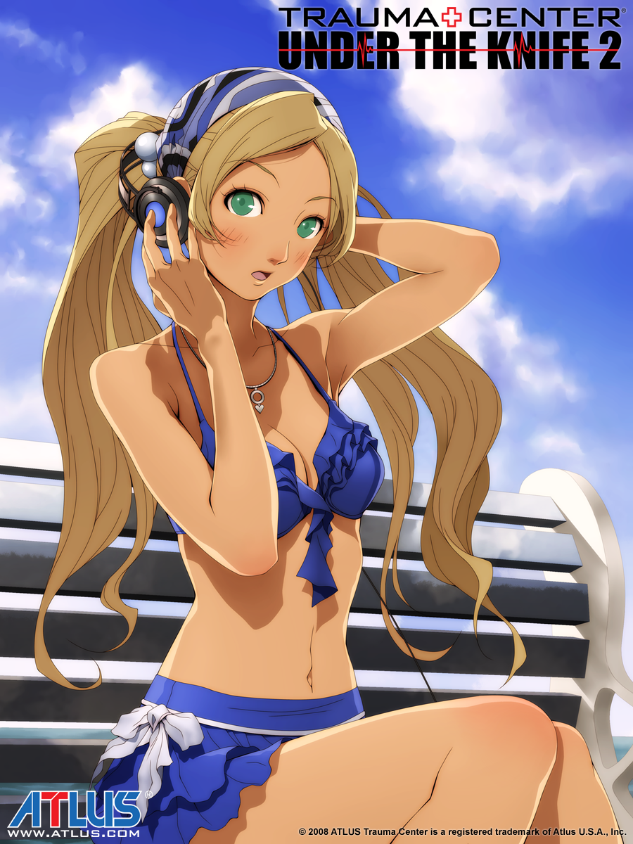 1girl, angie_thompson, arms_up, bare_shoulders, bikini, blonde_hair, blush, clouds
