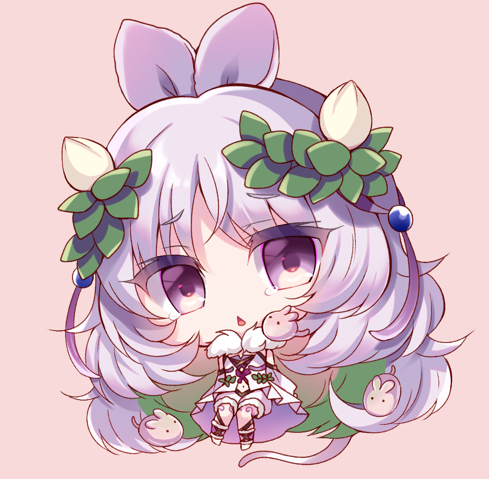 1girl, big_head, brown_background, chestnut_mouth, chibi, commentary_request, dress, duel_monster, flower, full_body, fur-trimmed_shorts, fur_trim, hair_flower, hair_ornament, long_hair, navel, parted_lips, purple_hair, shorts, simple_background, sitting, solo, suzunone_rena, thick_eyebrows, traptrix_cularia, triangle_mouth, very_long_hair, violet_eyes, white_dress, white_flower, white_shorts, yu-gi-oh!