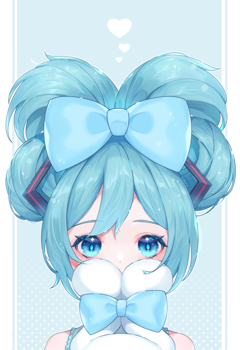 1girl, bangs, bare_shoulders, blue_background, blue_bow, blue_eyes, blue_hair, bow