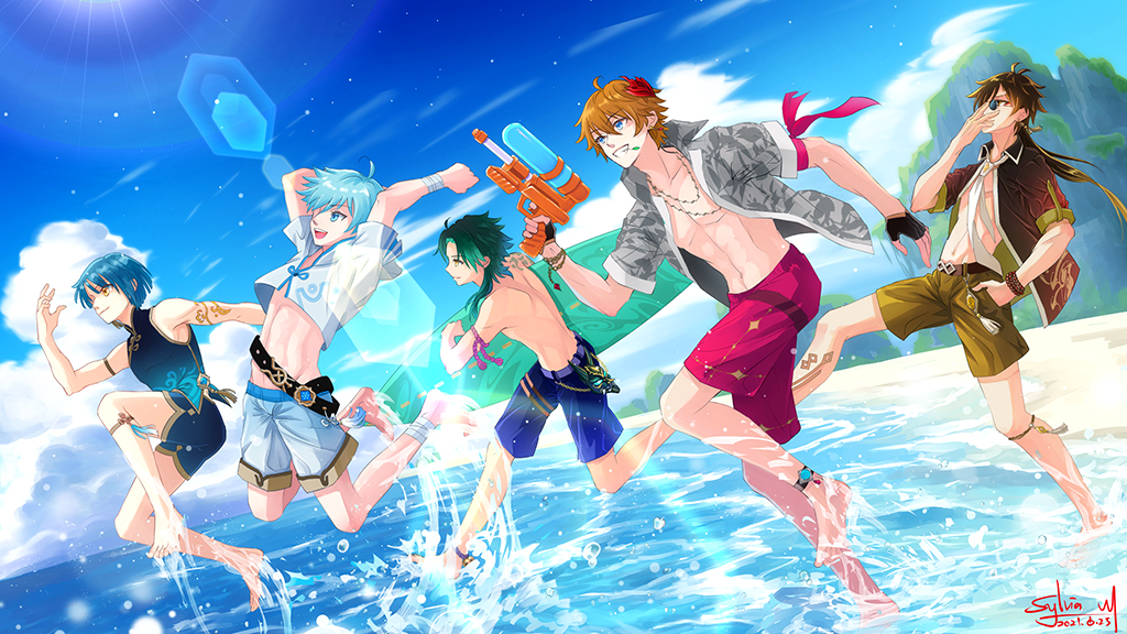 5boys, aqua_hair, bare_legs, bare_shoulders, barefoot, blue_eyes, blue_hair, brown_hair, chongyun_(genshin_impact), covering_face, crop_top, genshin_impact, glasses, green_hair, jacket, long_hair, male_swimwear, multicolored_hair, multiple_boys, ocean, open_mouth, orange_hair, short_hair, shorts, sky, smile, summer, sunglasses, swim_trunks, sylvia_m, tartaglia_(genshin_impact), upper_body, vision_(genshin_impact), water_gun, xiao_(genshin_impact), xingqiu_(genshin_impact), yellow_eyes, zhongli_(genshin_impact)