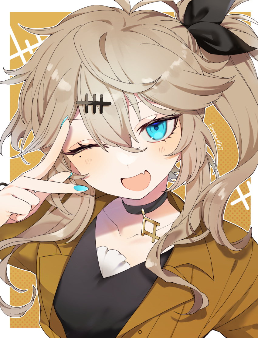 1girl, bangs, black_shirt, blue_eyes, blue_nails, blush, brown_jacket, choker