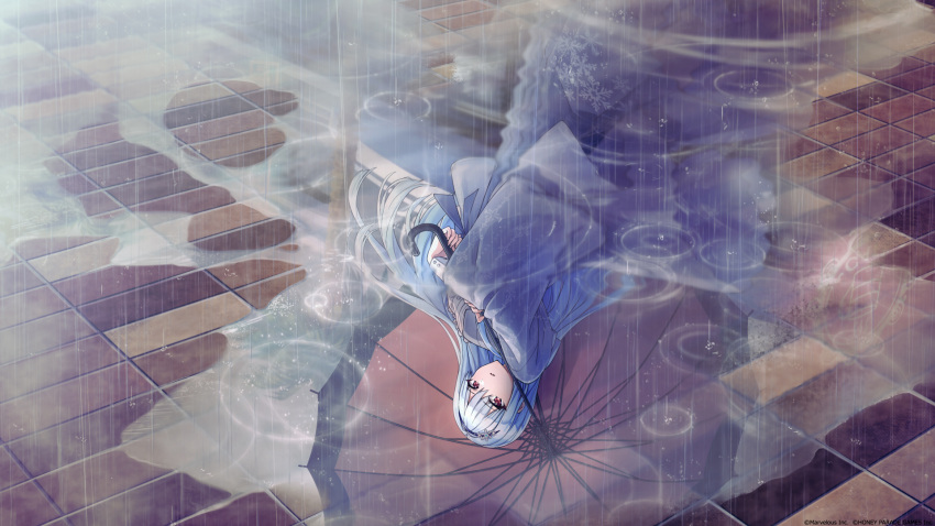 1girl, blue_hair, brick_floor, dolphin_wave, game_cg, highres, holding, holding_umbrella