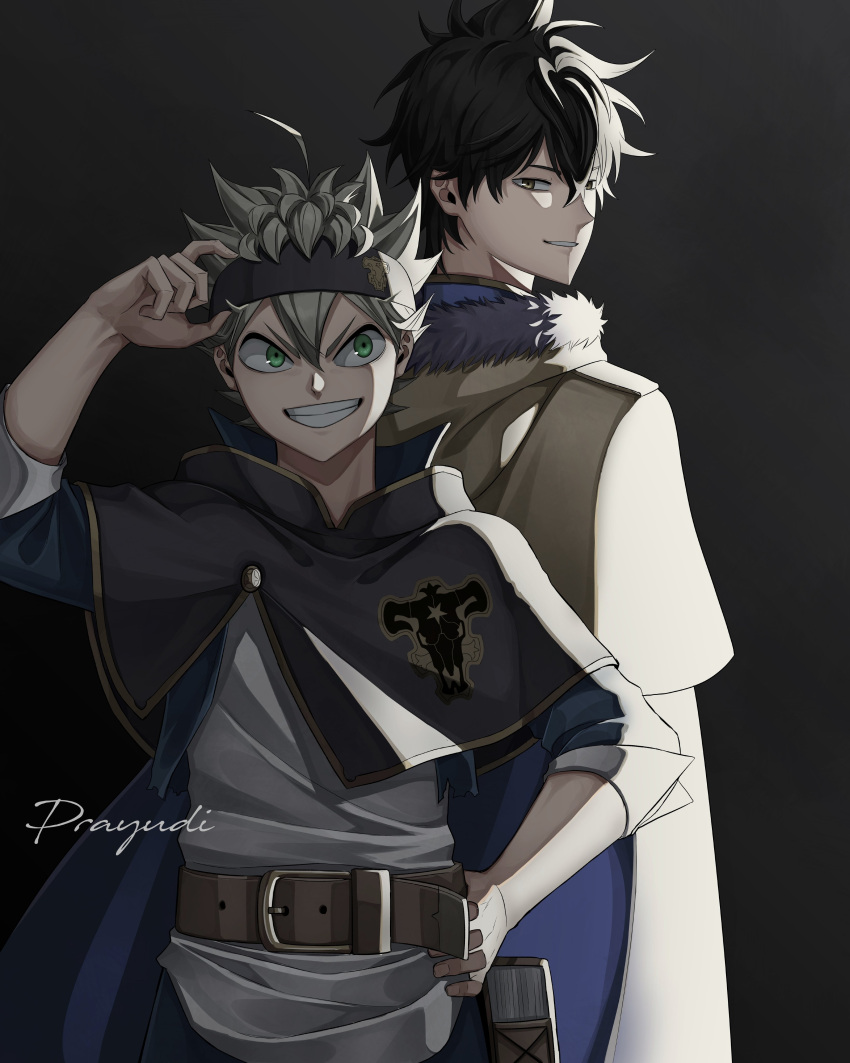 2boys, absurdres, artist_name, asta_(black_clover), bag, black_background, black_clover, black_hair