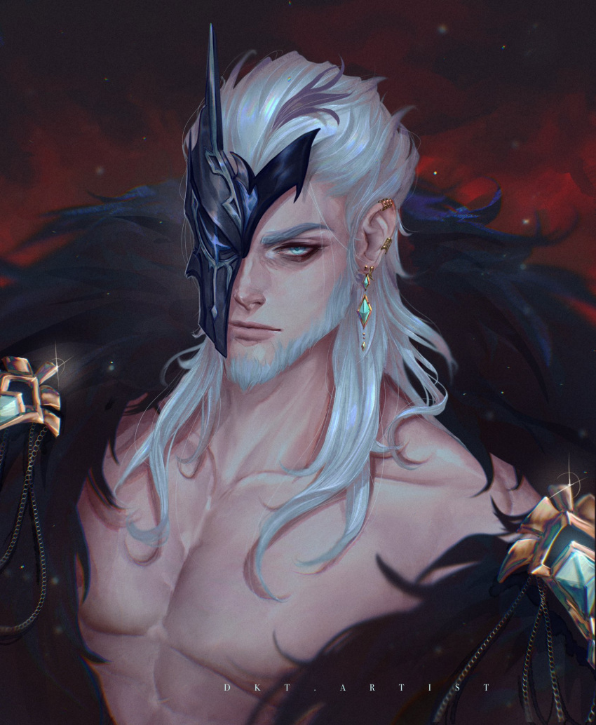 1boy, artist_name, artistdkt, beard, blue_eyes, coat, ear_piercing, earrings