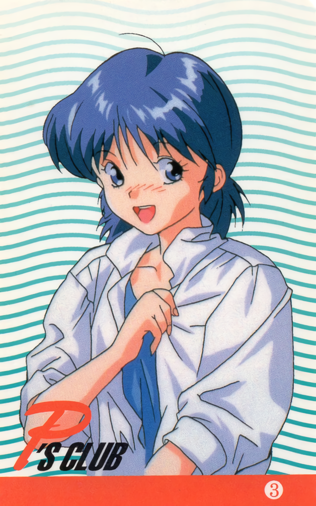 1990s_(style), 1girl, adjusting_clothes, bangs, blue_eyes, blue_hair, blue_shirt, blush