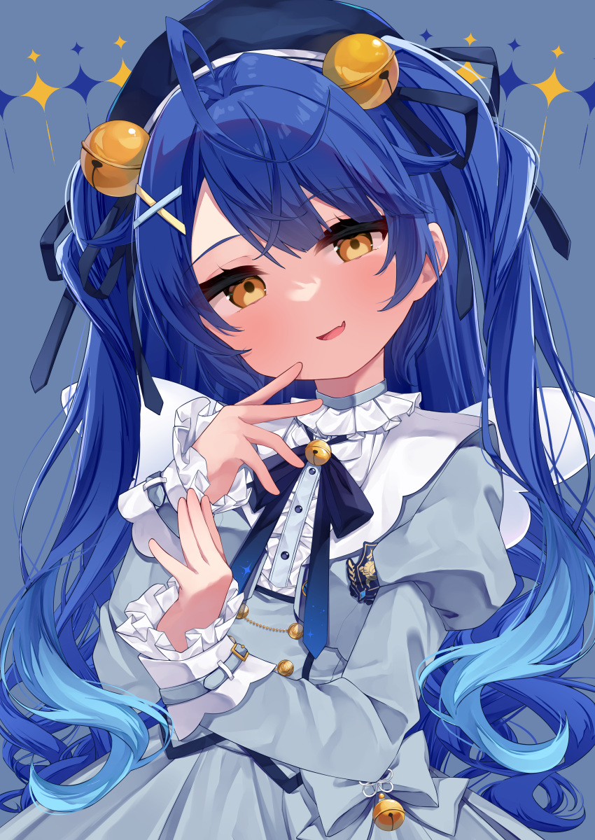1girl, absurdres, amamiya_kokoro, bell, beret, black_ribbon, blue_background, blue_hair