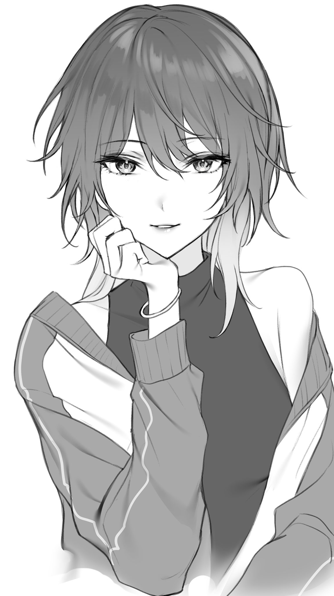 1girl, aketa_mikoto, bangs, bracelet, gradient_hair, greyscale, hand_up, head_rest