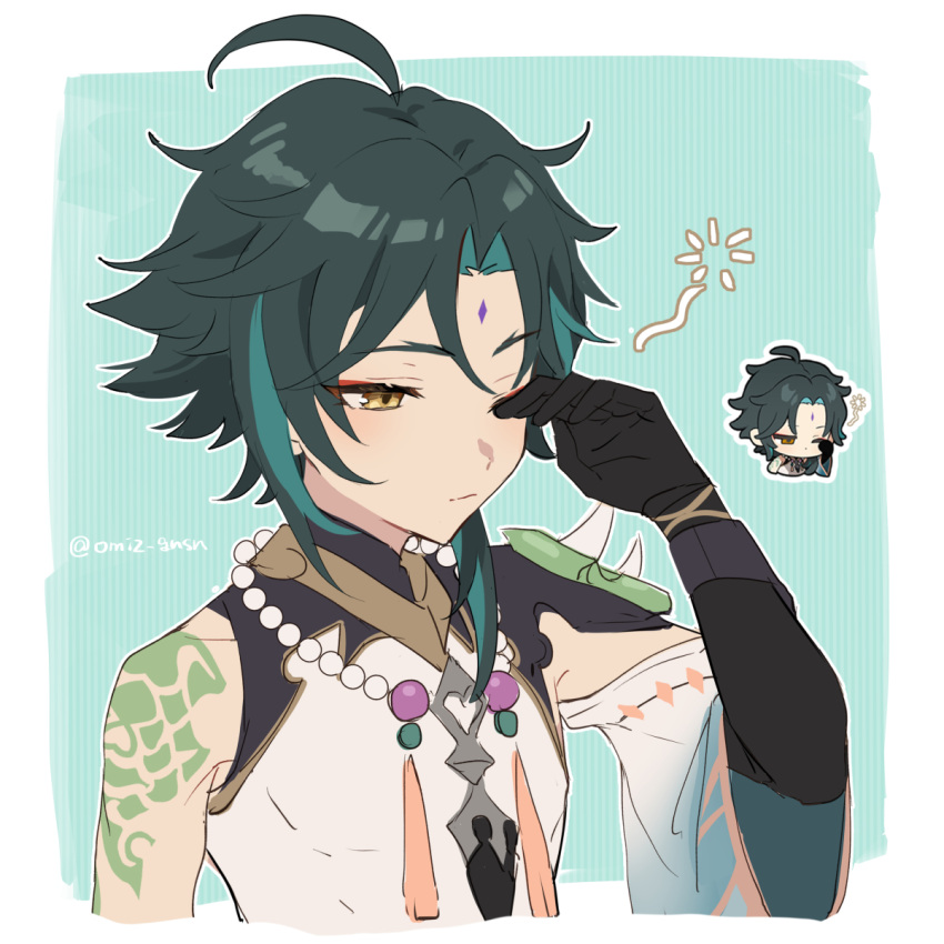 1boy, ahoge, arm_tattoo, bead_necklace, beads, black_gloves, black_hair, closed_mouth