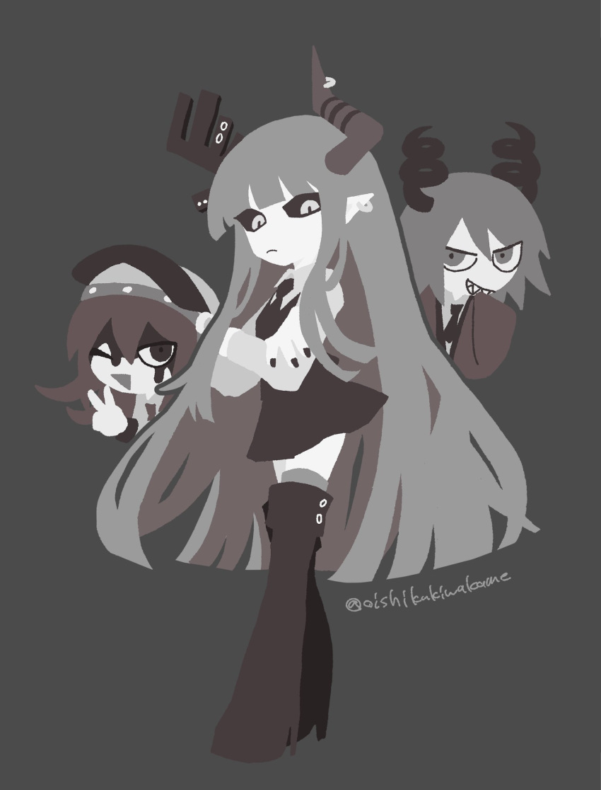 3girls, angry, asymmetrical_horns, black_sclera, black_skirt, blood, blood_on_face, colored_sclera, crossed_arms, curled_horns, earrings, formal, funamusea, green_hair, grey_background, grey_hair, hanten_(sutare_yume), haori, helmet, highres, horns, japanese_clothes, jewelry, kurotsuno, long_hair, met_(sutare_yume), motorcycle_helmet, multiple_girls, oishikukiwakame, open_mouth, pant_suit, pants, red_eyes, redhead, school_uniform, sharp_teeth, short_hair, skirt, smile, suit, sutare_yume, teeth, twitter_username, v, white_eyes, zettai_ryouiki