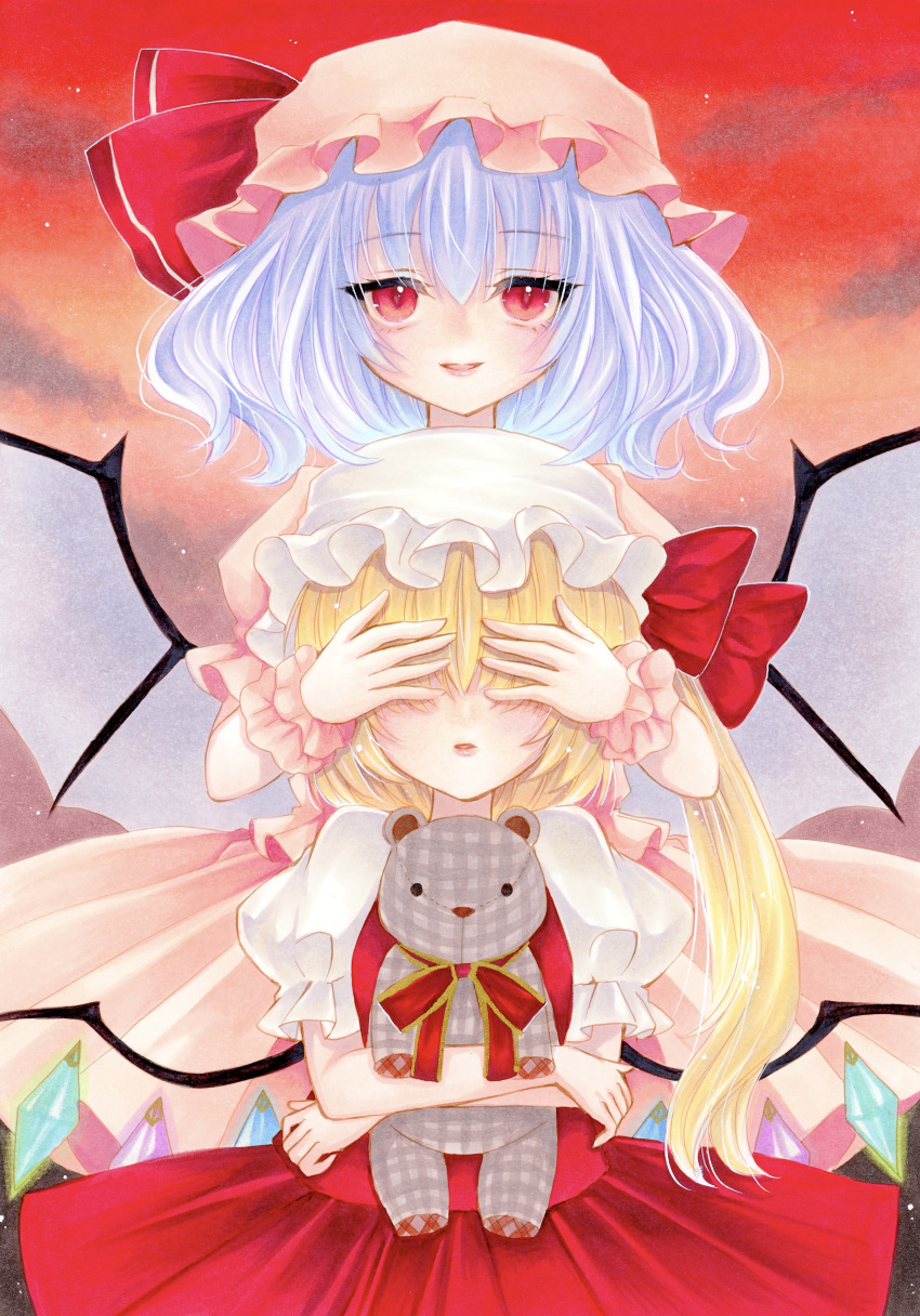 2girls, :d, absurdres, bat_wings, blonde_hair, crystal, flandre_scarlet, hat