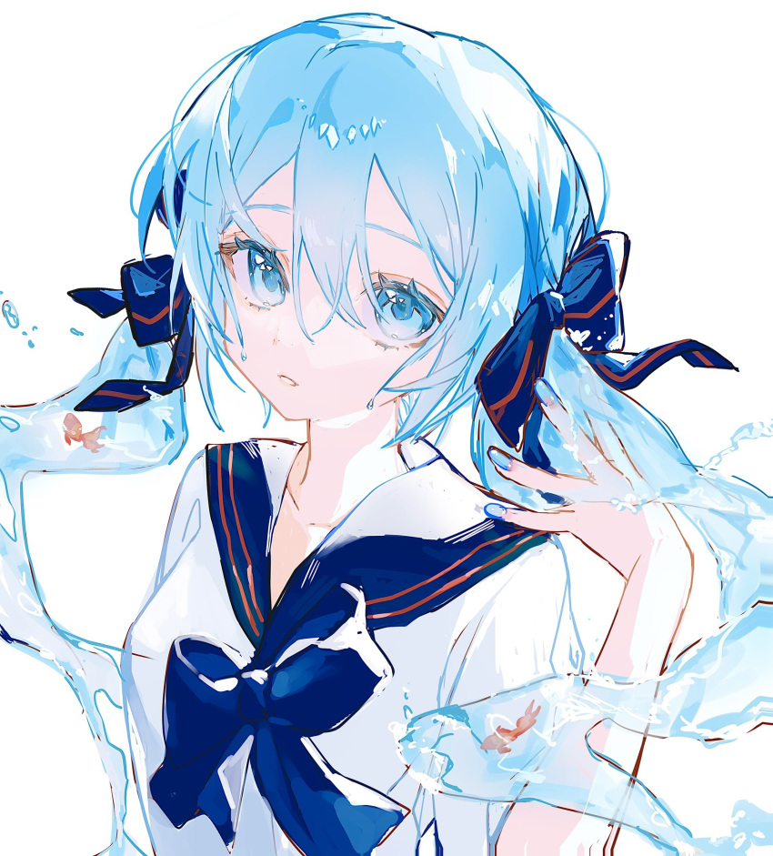 1girl, aqua_eyes, aqua_hair, bangs, blue_bow, blue_bowtie, blue_nails, blue_sailor_collar, bow, bowtie, commentary, fish, hair_between_eyes, hair_bow, hatsune_miku, highres, liquid_hair, long_hair, looking_at_viewer, nail_polish, parted_lips, sailor_collar, school_uniform, serafuku, short_sleeves, simple_background, solo, symbol-only_commentary, twintails, upper_body, utsuhostoria, very_long_hair, vocaloid, water, water_drop, white_background
