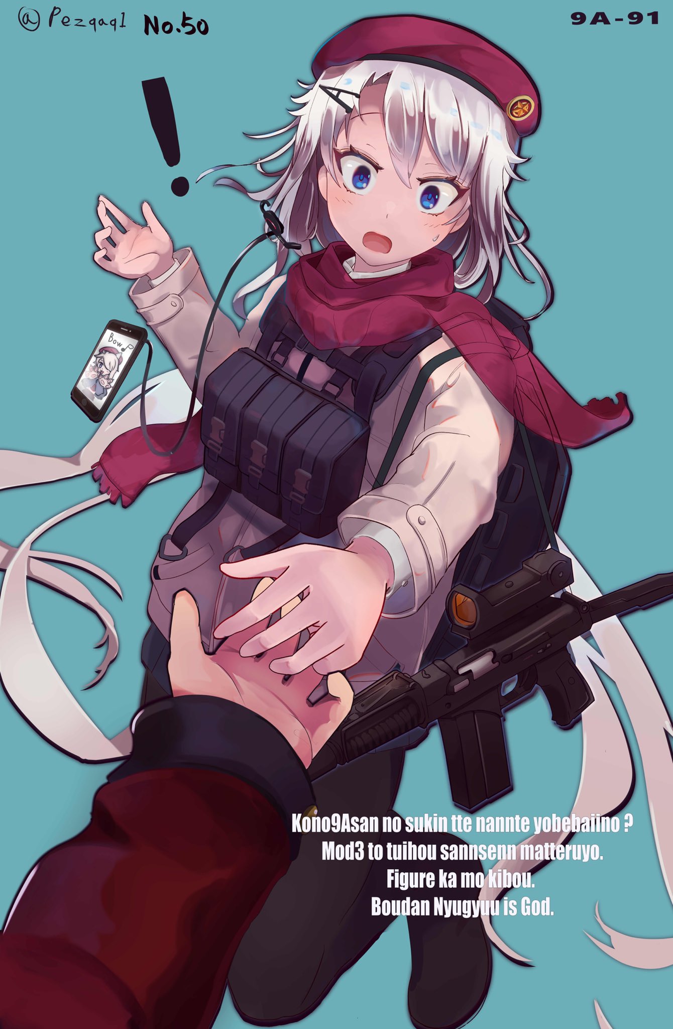 !, 1boy, 1girl, 9a-91, 9a-91_(girls'_frontline), alternate_costume, ammunition_pouch, assault_rifle, bangs, beret, blue_eyes, cellphone, coat, commander_(girls'_frontline), commentary_request, earphones, girls_frontline, griffin_&amp;_kryuger_military_uniform, gun, hair_between_eyes, hair_ornament, hat, highres, long_hair, looking_at_viewer, low_twintails, open_mouth, optical_sight, outstretched_arm, pez_(pezqaq1), phone, pleated_skirt, pouch, red_headwear, red_scarf, rifle, scarf, skirt, smartphone, solo, spoken_exclamation_mark, star_(symbol), star_hair_ornament, surprised, sweatdrop, thigh-highs, translation_request, twintails, very_long_hair, weapon, white_hair, wide-eyed