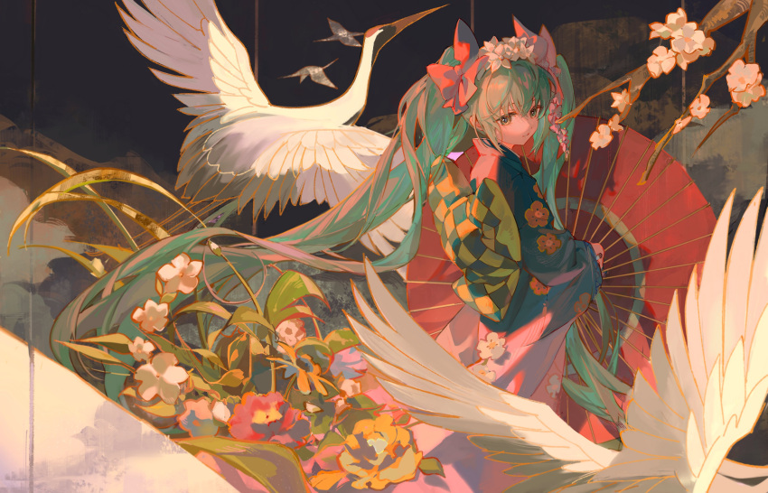 1girl, absurdres, animal, bangs, bird, black_background, black_jacket, bow, branch, checkered_clothes, crane_(animal), floating_hair, floral_print, flower, from_behind, from_side, green_hair, hair_bow, hair_flower, hair_ornament, haori, hatsune_miku, highres, hlymoriia, holding, holding_umbrella, jacket, japanese_clothes, kimono, long_hair, long_sleeves, looking_away, looking_to_the_side, obi, oil-paper_umbrella, parted_lips, pink_bow, pink_kimono, red-crowned_crane, red_flower, sash, standing, twintails, umbrella, very_long_hair, vocaloid
