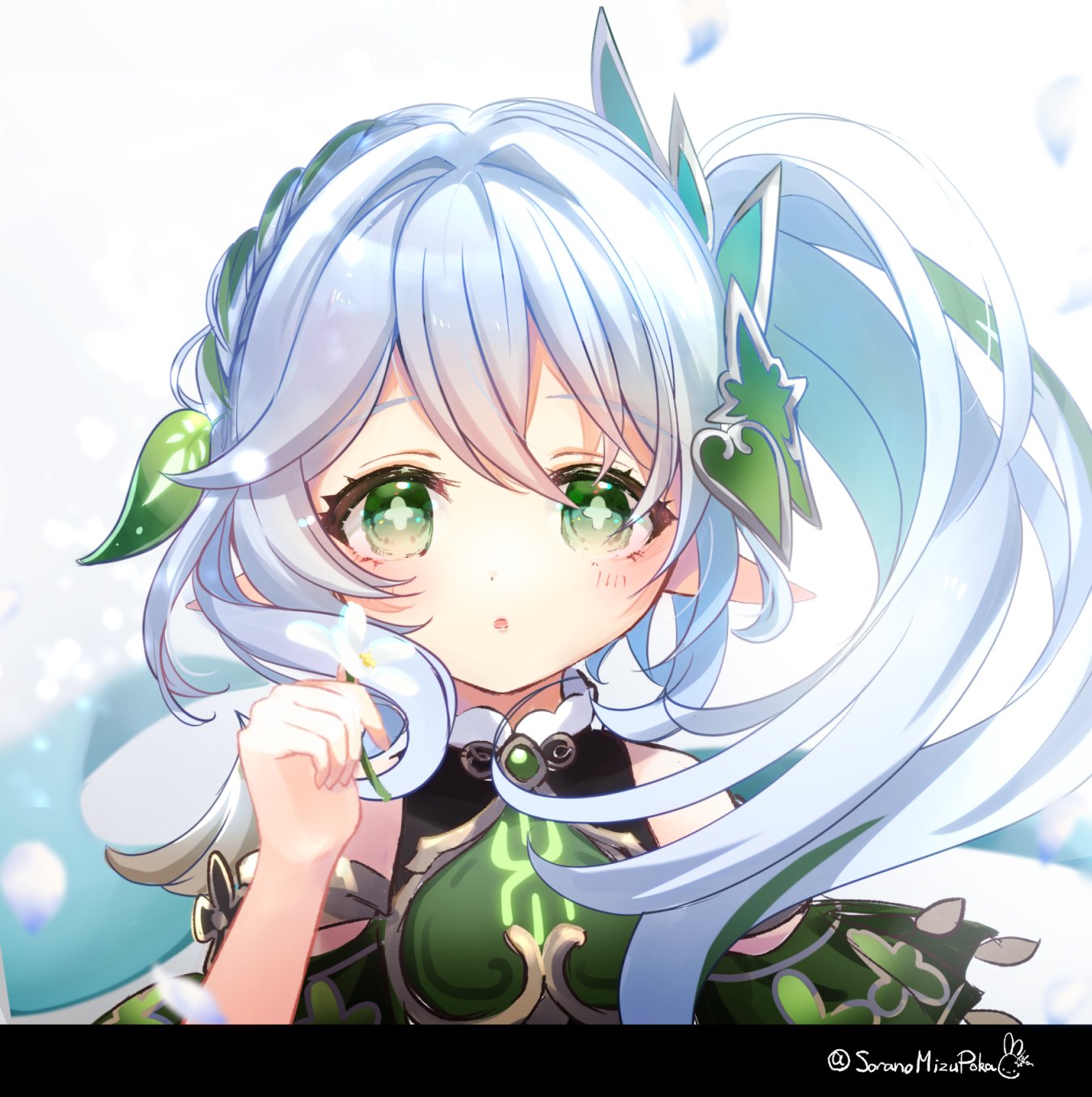 1girl, blush, commentary, cross-shaped_pupils, female_child, genshin_impact, gradient_hair, green_eyes, hair_ornament, highres, hoshiusagi_no_chloe, kusanali_(genshin_impact), leaf_hair_ornament, long_hair, looking_at_viewer, multicolored_hair, open_mouth, pointy_ears, side_ponytail, solo, white_hair