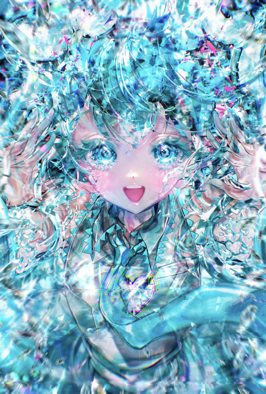 1girl, absurdres, aqua_eyes, aqua_hair, aqua_theme, bangs, blue_eyes, blue_hair, blue_theme, blush, collared_shirt, colored_eyelashes, detached_sleeves, floating_clothes, grey_shirt, hands_up, happy, hatsune_miku, highres, long_hair, looking_at_viewer, onene, open_mouth, partially_submerged, shards, shirt, solo, straight-on, twitter_username, upper_body, vocaloid, water, wet
