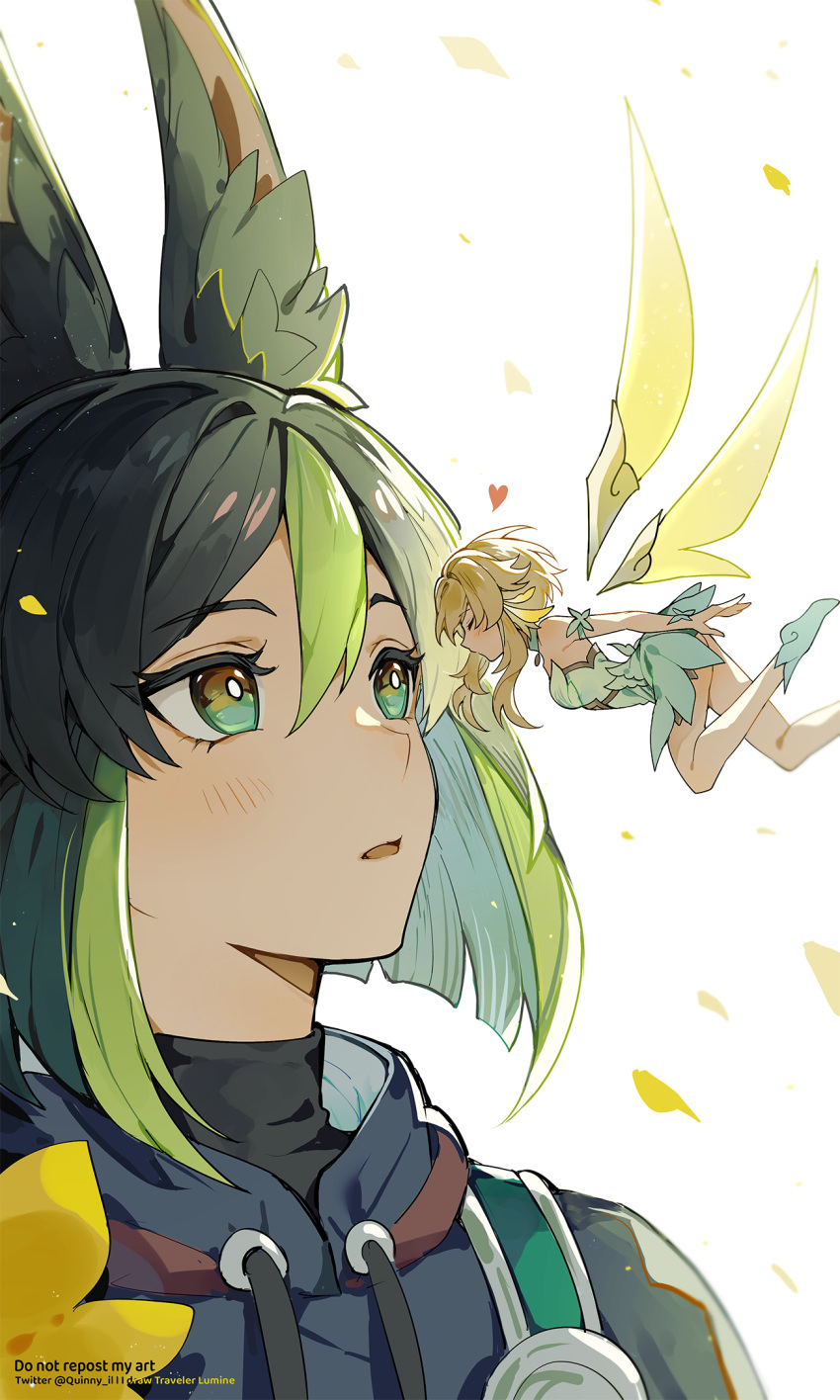 1boy, 1girl, animal_ear_fluff, animal_ears, black_hair, blonde_hair, blunt_ends, butterfly_wings, dress, fairy, fairy_wings, flower, fox_boy, fox_ears, genshin_impact, green_eyes, green_hair, hair_between_eyes, highres, hood, hoodie, lumine_(genshin_impact), minigirl, multicolored_hair, quinny_il, short_hair_with_long_locks, sidelocks, streaked_hair, tighnari_(genshin_impact), white_dress, wings, yellow_flower
