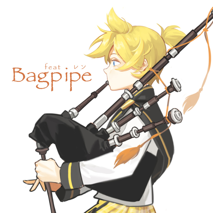 1boy, adapted_costume, bagpipes, bangs, blonde_hair, blowing, blue_eyes, character_name
