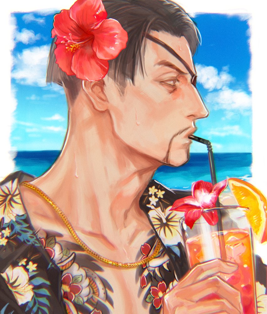 1boy, aomi_nekosuki, black_hair, black_shirt, blue_sky, chain, clouds, commentary