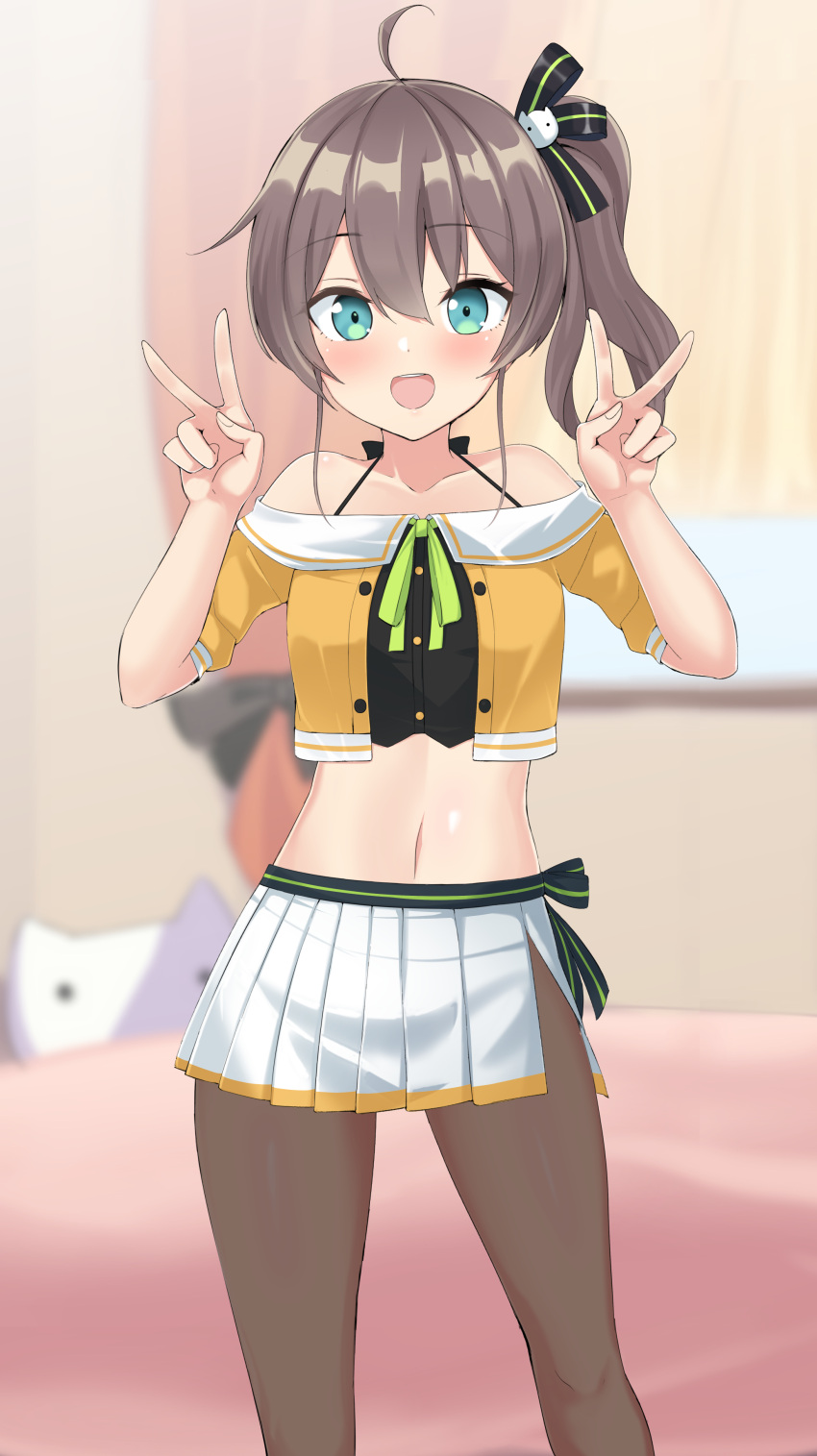 1girl, absurdres, ahoge, aqua_eyes, bangs, black_camisole, black_pantyhose, black_ribbon