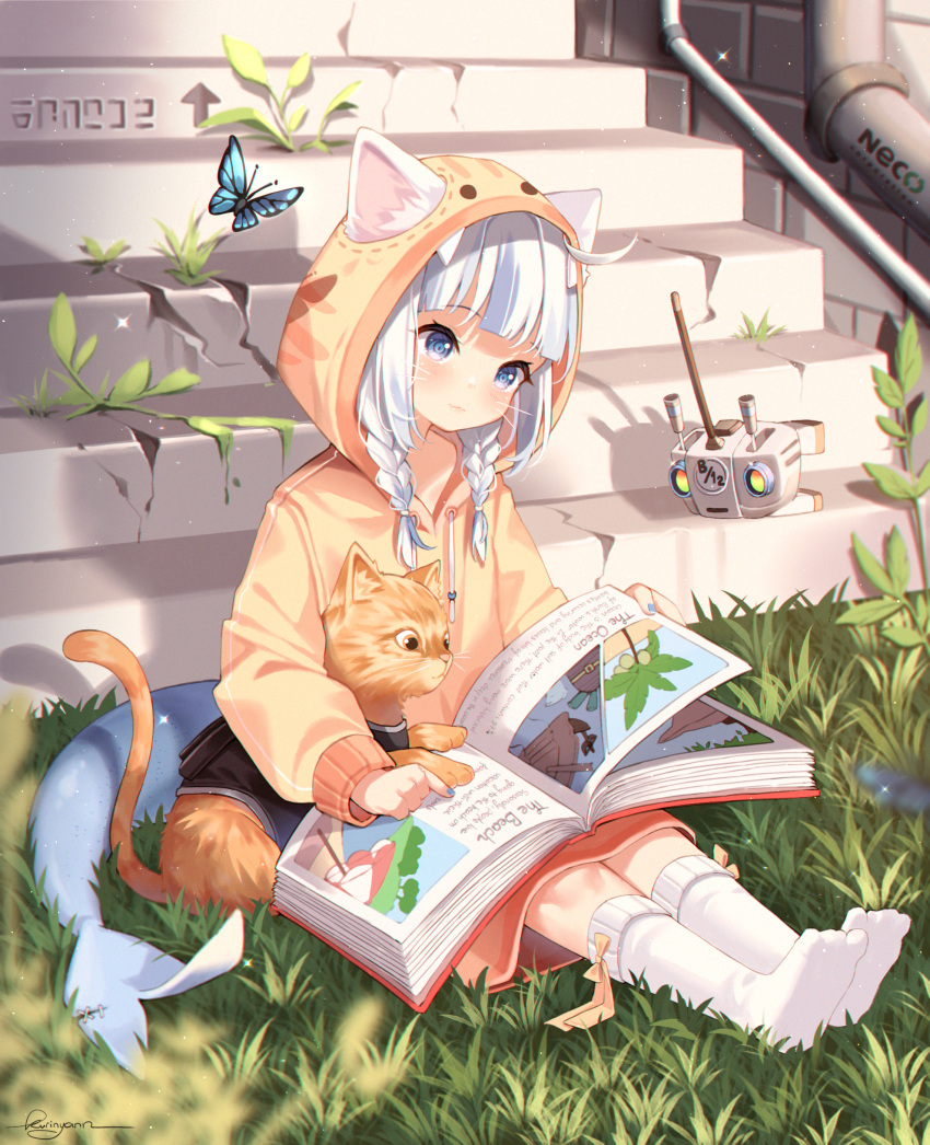 1girl, absurdres, animal_ears, bangs, blue_butterfly, blue_eyes, blue_hair, blunt_bangs