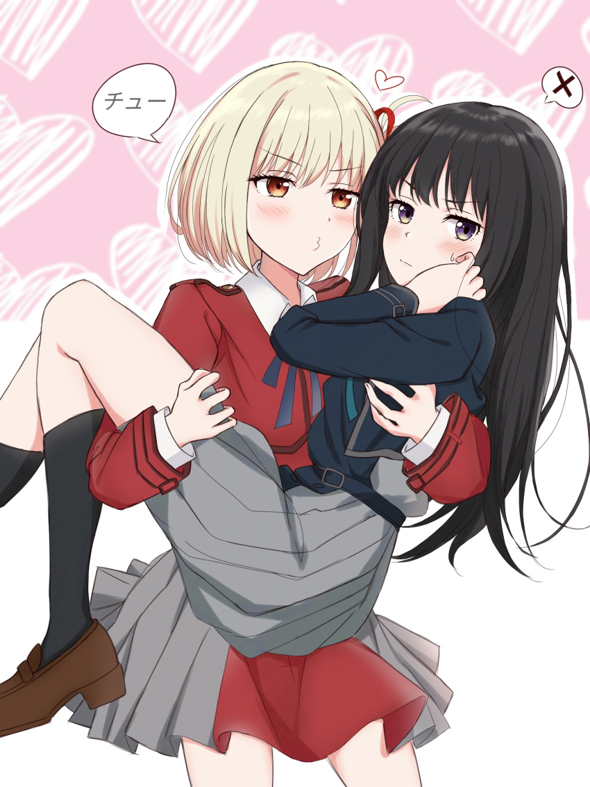 2girls, black_hair, blonde_hair, blush, carrying, gangshangguang_(smjy5842), hair_ribbon, heart