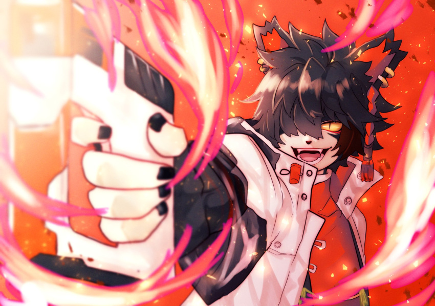 1boy, :d, aak_(arknights), animal_ears, arknights, black_hair, black_nails, cat_ears