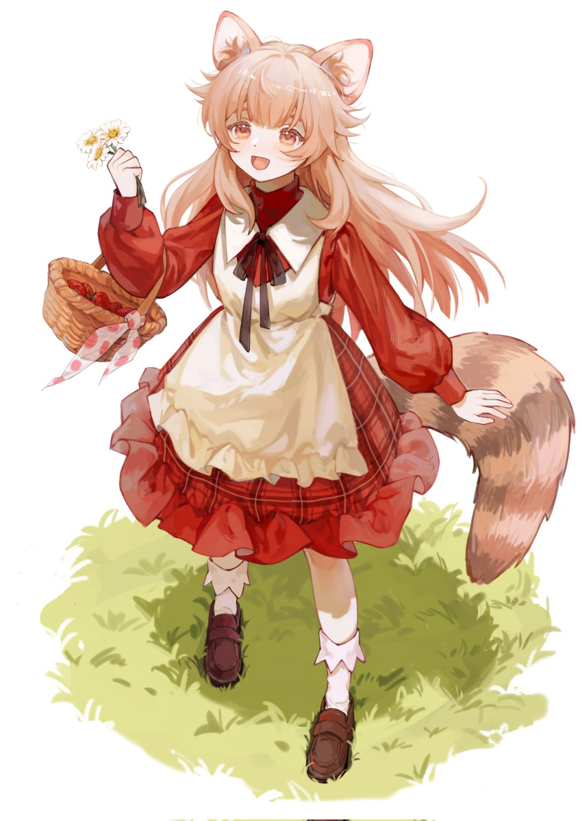1girl, :d, animal_ear_fluff, animal_ears, apron, bangs, basket, blunt_bangs