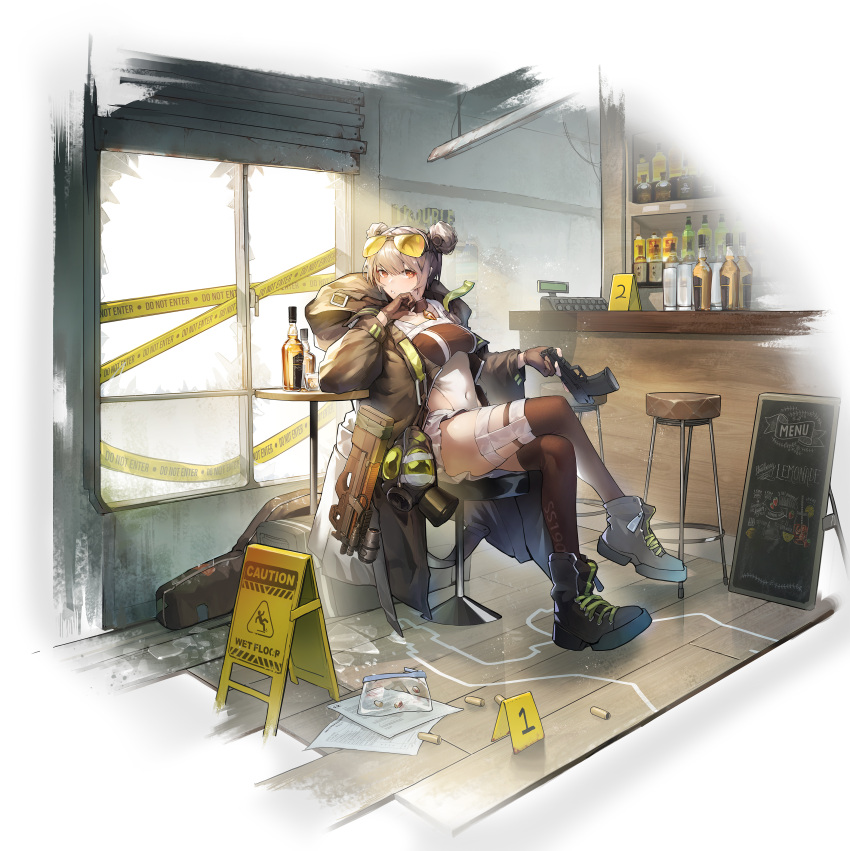 1girl, absurdres, bar, bar_stool, black_footwear, black_gloves, black_jacket, black_thighhighs, boots, bottle, brown_eyes, bullpup, counter, covered_navel, double_bun, eyewear_on_head, gas_mask, girls_frontline, gloves, grey_hair, gun, hair_bun, handgun, highres, holding, holding_gun, holding_weapon, indoors, jacket, long_sleeves, mask, menu_board, open_clothes, open_jacket, p90, p90_(girls'_frontline), sitting, solo, stool, submachine_gun, sunglasses, table, tactical_clothes, thigh-highs, tinted_eyewear, user_mtrt8542, weapon, window, yellow-tinted_eyewear