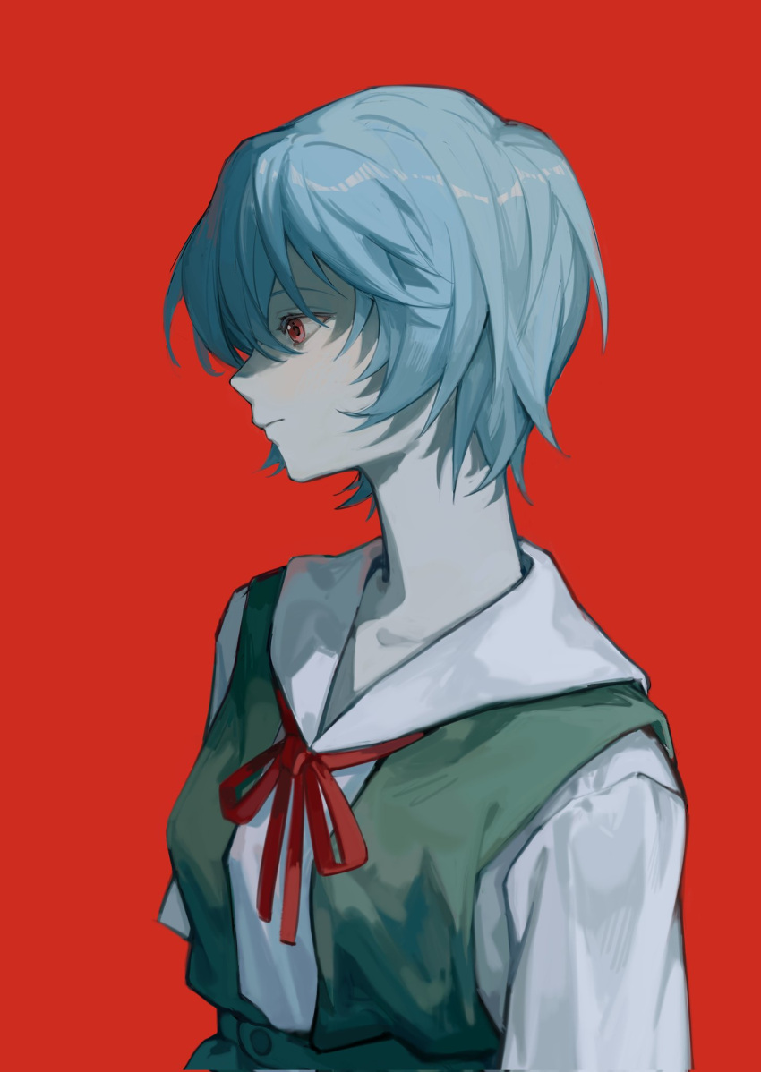 1girl, ayanami_rei, bangs, black_dress, blue_hair, collarbone, dress, expressionless, from_side, highres, kasakasakasa, looking_ahead, looking_to_the_side, neck_ribbon, neon_genesis_evangelion, pinafore_dress, profile, red_background, red_eyes, red_ribbon, ribbon, sailor_collar, school_uniform, serafuku, shirt, short_hair, simple_background, solo, white_shirt