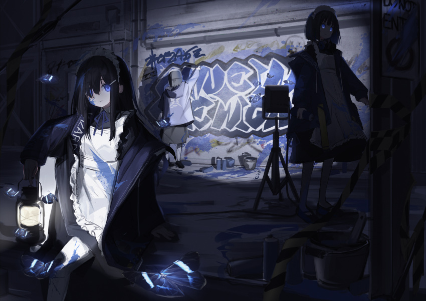 3girls, abandoned, absurdres, apron, bangs, black_hair, blue_eyes, brown_hair