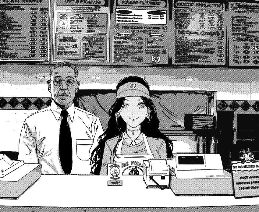 1boy, 1girl, absurdres, apron, bald, black_hair, breaking_bad, cashier