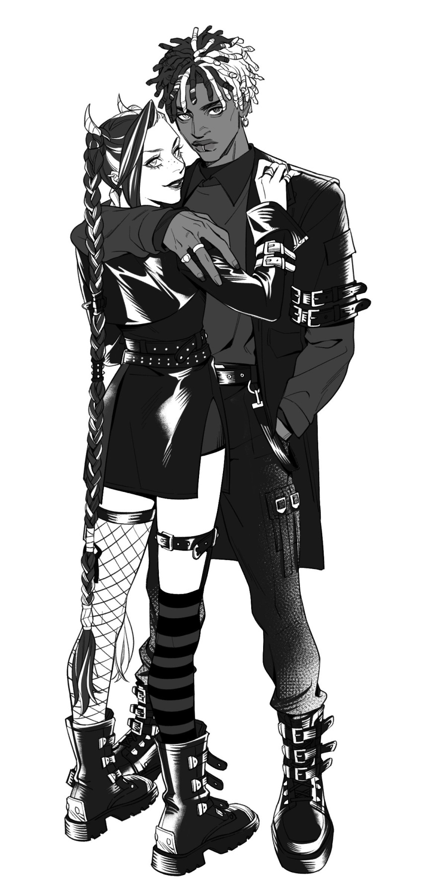 1boy, 1girl, absurdres, alternate_costume, alternate_hairstyle, asymmetrical_bangs, asymmetrical_legwear, bangs, belt, braid, collared_shirt, commentary_request, dark-skinned_male, dark_skin, dreadlocks, earrings, ekko_(league_of_legends), fishnet_thighhighs, freckles, full_body, grey_background, greyscale, hand_in_pocket, heterochromia, highres, jacket, jewelry, jinx_(league_of_legends), league_of_legends, long_hair, long_sleeves, looking_back, mismatched_legwear, monochrome, mouth_piercing, multicolored_hair, mush820823, open_clothes, open_jacket, pants, ring, shirt, shoes, shorts, simple_background, skirt, striped_thighhighs, thigh-highs, twin_braids, twintails, two-tone_hair, very_long_hair