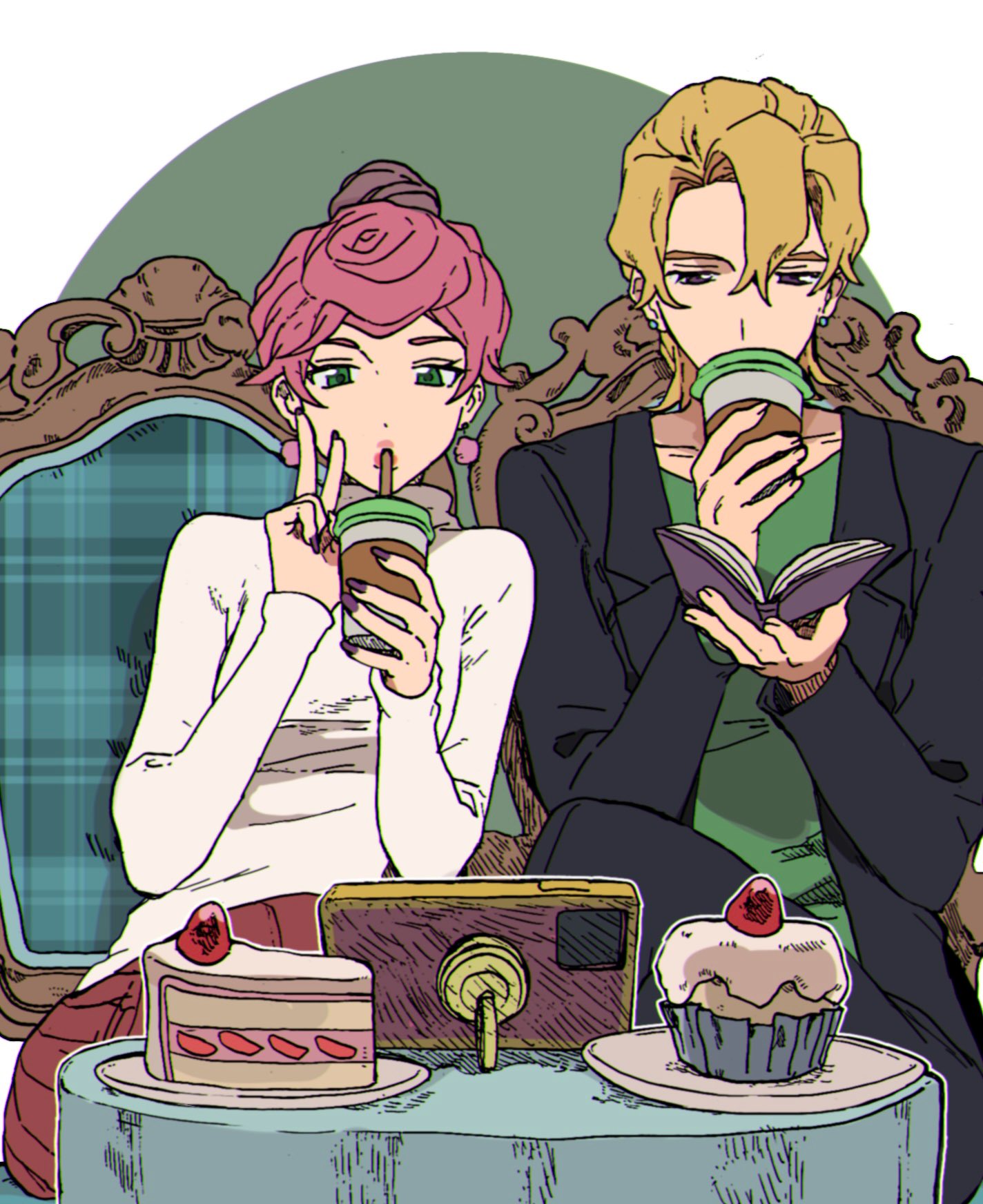 1boy, 1girl, bangs, blonde_hair, book, cake, caro_bambino, cellphone