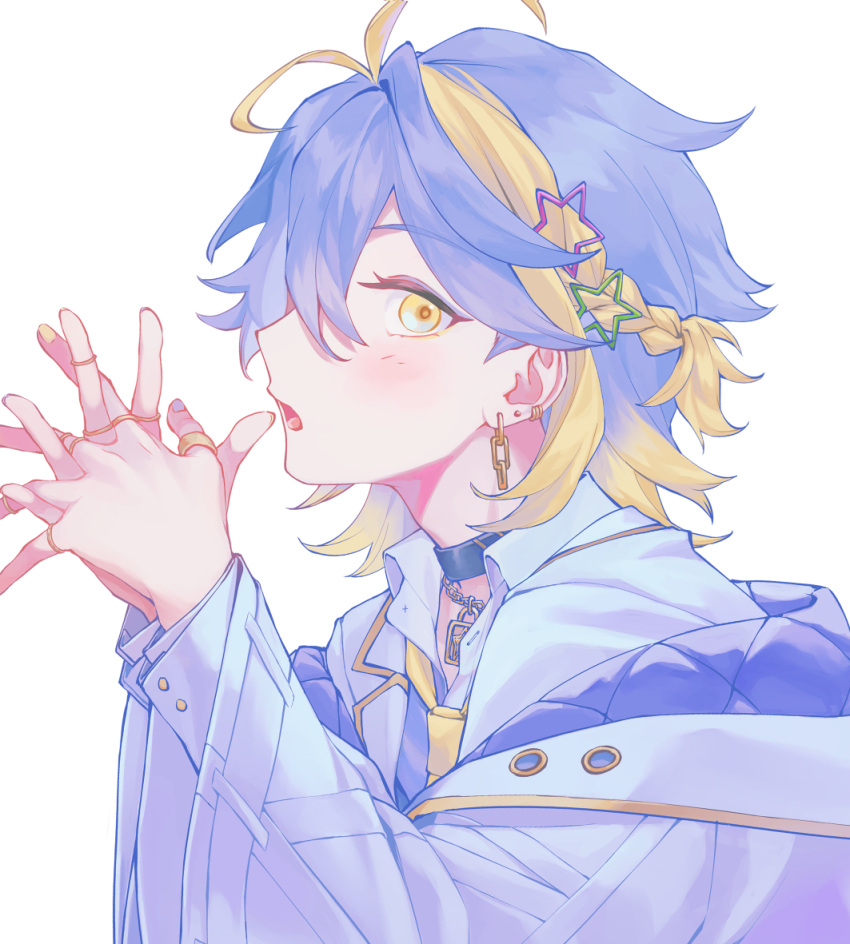 1boy, aster_arcadia, blonde_hair, blush, choker, ear_piercing, earrings, facing_to_the_side
