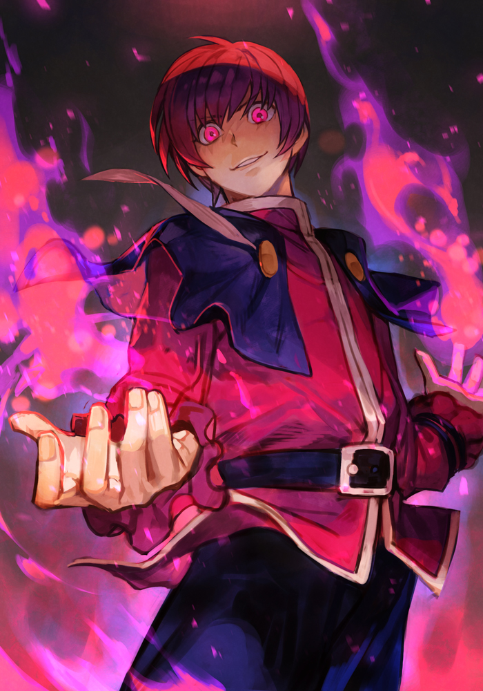 1boy, aura, belt, black_background, brown_hair, chris_(kof), coat, cowboy_shot