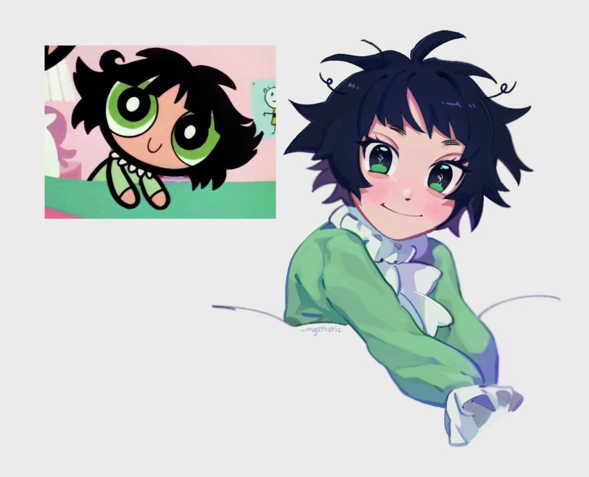artist_name, bangs, black_hair, buttercup_(ppg), buttercup_redraw_challenge_(meme), derivative_work, frilled_sleeves, frills