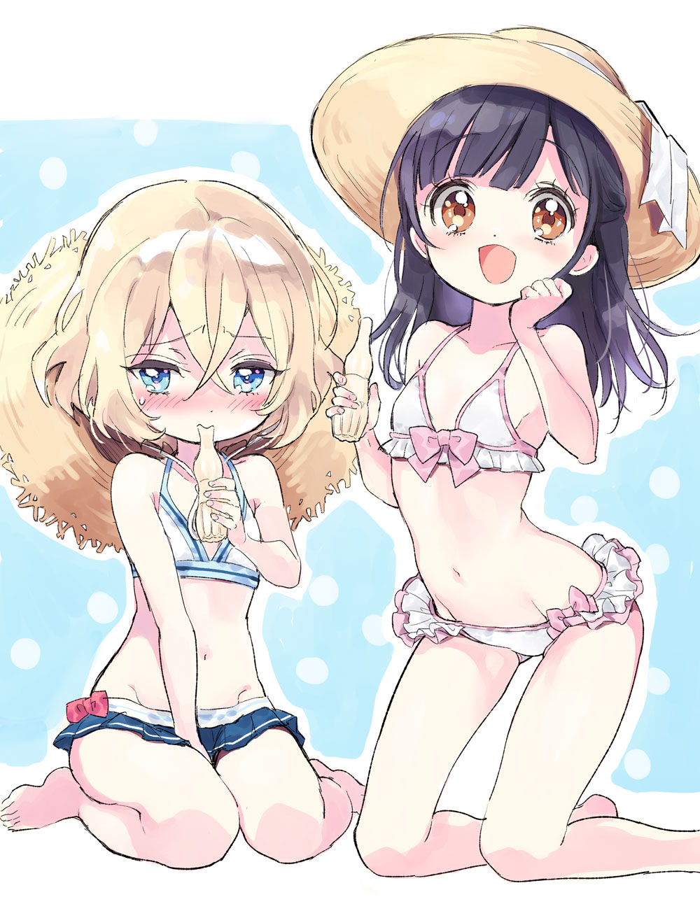 2girls, bikini, bikini_skirt, black_hair, blonde_hair, blue_eyes, blush, breasts