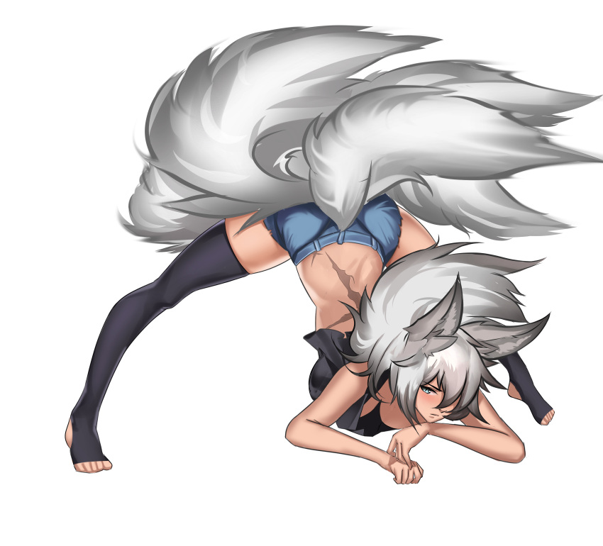 absurdres, ainemswork_(artist), animal_ears, barefoot, breasts, denim, denim_shorts, fox_ears