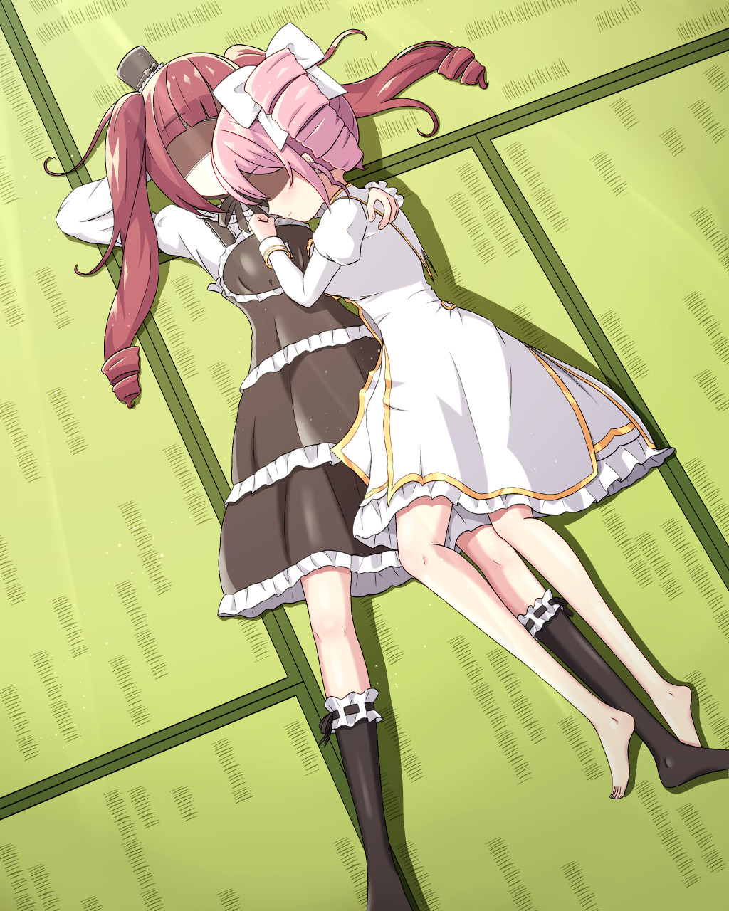 2girls, arm_around_shoulder, barefoot, black_socks, blush, brown_hair, closed_mouth, cuddling
